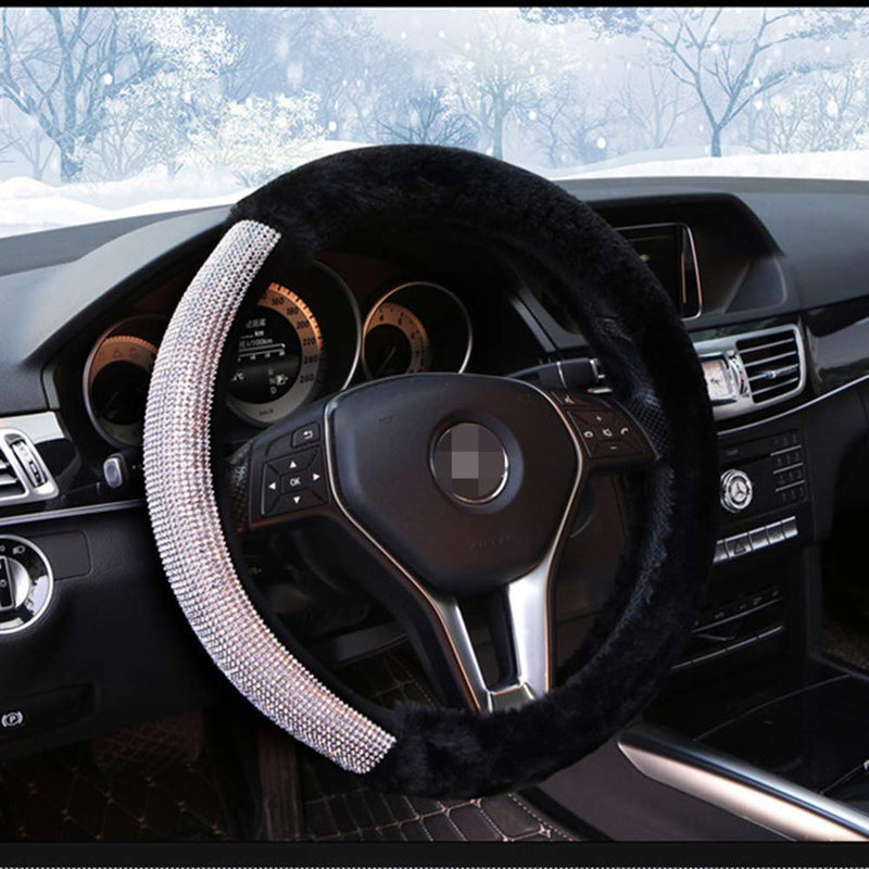 Forala Car Steering Wheel Cover Fur Bling Bling Rhinestone Luxurious Universal for Girls Lady Winter Warm (Black) Black - LeoForward Australia