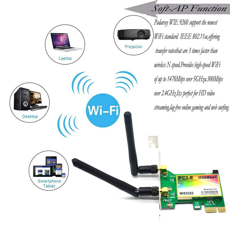  [AUSTRALIA] - Padarsey WiFi Card AC 1730Mbps Bluetooth 5.0 Dual Band Wireless Network Card 9260 PCIe Adapter PCI-E Wireless WiFi Network Adapter for Desktop PC (WIE9260)