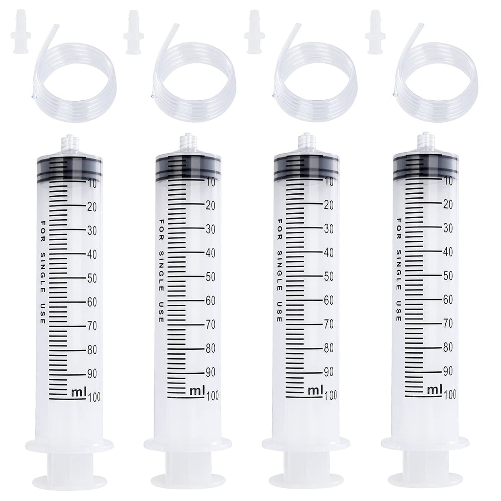  [AUSTRALIA] - 4 Pack 100ml Syringes, Large Plastic Syringe with 40inch Handy Plastic Tubing and Luer Connections for Scientific Labs, Watering, Feeding, Refilling, Injecting, Drawing Oil, Fluid and Water