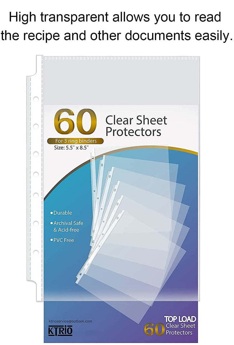  [AUSTRALIA] - KTRIO Heavyweight Sheet Protectors for Mini 3 Ring Binder Clear Page Protector, 5.5 x 8.5 inch Plastic Sleeves for Small Binders, Paper Protector 7 Hole Top Loading, 60 Pack