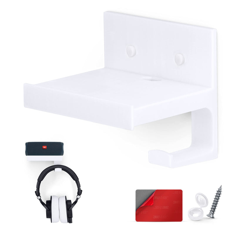  [AUSTRALIA] - BRAINWAVZ 5" Small Floating Shelf with Headphone Hanger, Adhesive & Screw in, for Bluetooth Speakers, Cameras, Plants, Toys & More, Easy to Install (SF2105-HP, White) UnderShelf Headphones