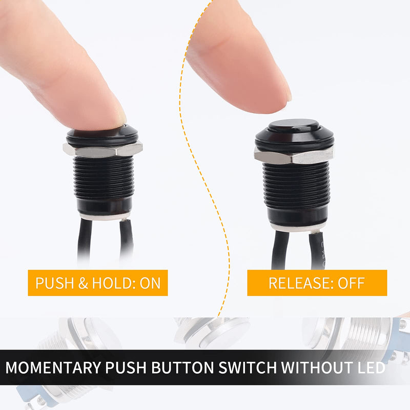  [AUSTRALIA] - Starelo 5pcs 12mm Momentary Push Button Switch Black Shell with pre-Wiring, IP65 Waterproof Push Button Switch,Stainless Steel 1 Normally Open Without LED. 12mm Black Shell
