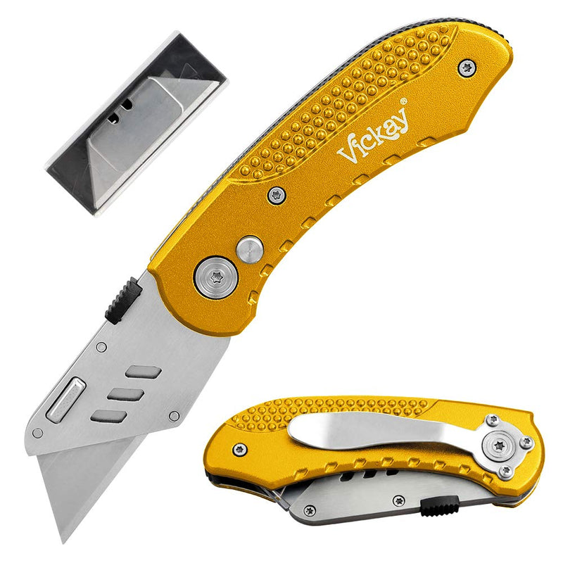  [AUSTRALIA] - Folding Utility Knife Box Cutter Utility Blades Heavy Duty with 5 SK5 Quick Change Blades, Safety Axis Lock Design Razor Knife, Lightweight Aluminum Body Belt Clip for Office Gold