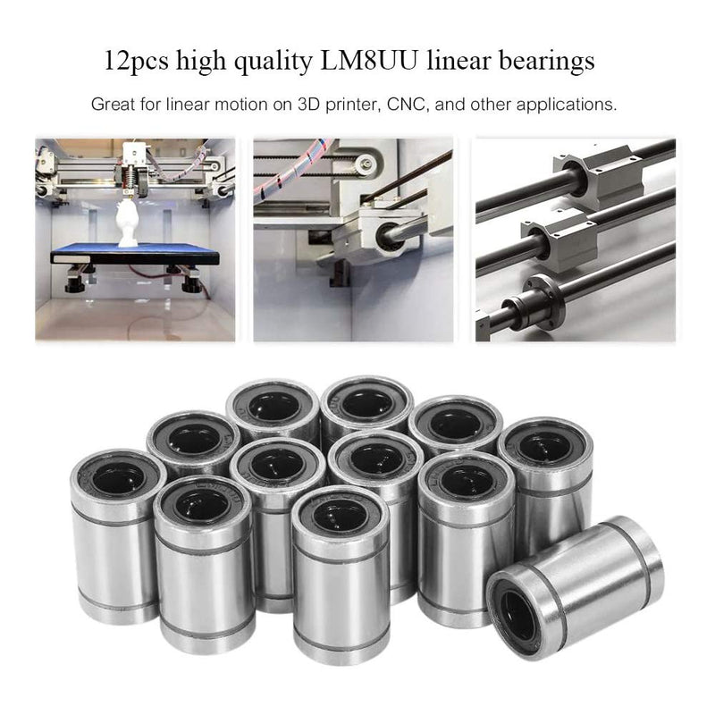  [AUSTRALIA] - 12 Pcs LM8UU Linear Ball Bearings, 8mm Bore Dia, 15mm OD, 24mm Length with Double Side Rubber Seal Great for CNC, 3D Printer