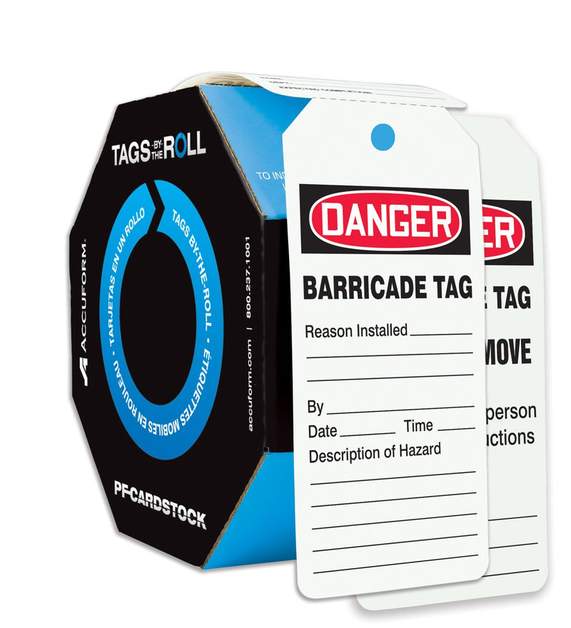  [AUSTRALIA] - Accuform 100 "Danger Barricade TAG" Tags by-The-Roll, US Made OSHA Compliant Tags, Tear & Water Resistant PF-Cardstock, 6.25" x 3" x 0.01", TAR128 100.0