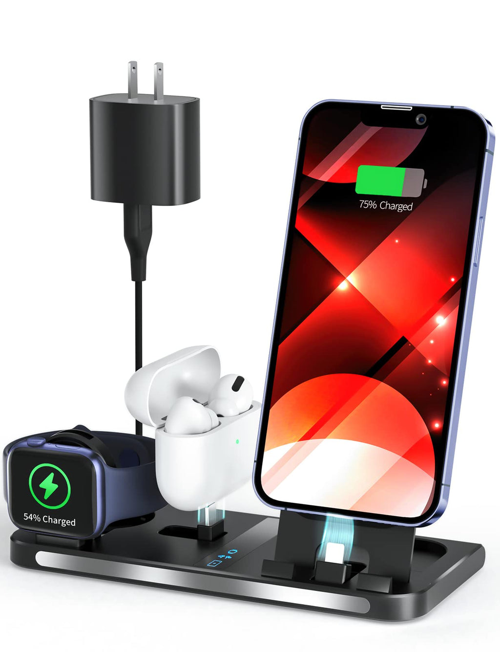  [AUSTRALIA] - 3 in 1 Charging Station, Foldable Charging Stand for Multiple Apple Devices Compatible with iPhone, iWatch, Air Pods, 18W Fast Charge Portable Travel Charger with QC3.0 Adapter… Black