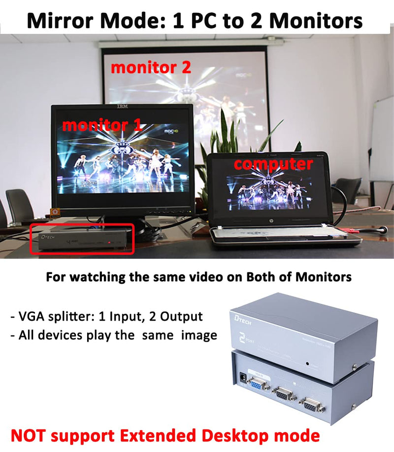  [AUSTRALIA] - DTECH 2 Way Powered VGA Splitter Amplifier Box High Resolution 1080p SVGA Video 1 in 2 Out 250 Mhz for 1 PC to Dual Monitor Computer 2 port