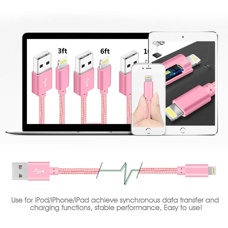  [AUSTRALIA] - 4Pack(3ft 6ft 6ft 10ft) iPhone Lightning Cable Apple Certified Braided Nylon Fast Charger Cable Compatible iPhone Max XS XR 8 Plus 7 Plus 6s 5s 5c Air iPad Mini iPod Pink