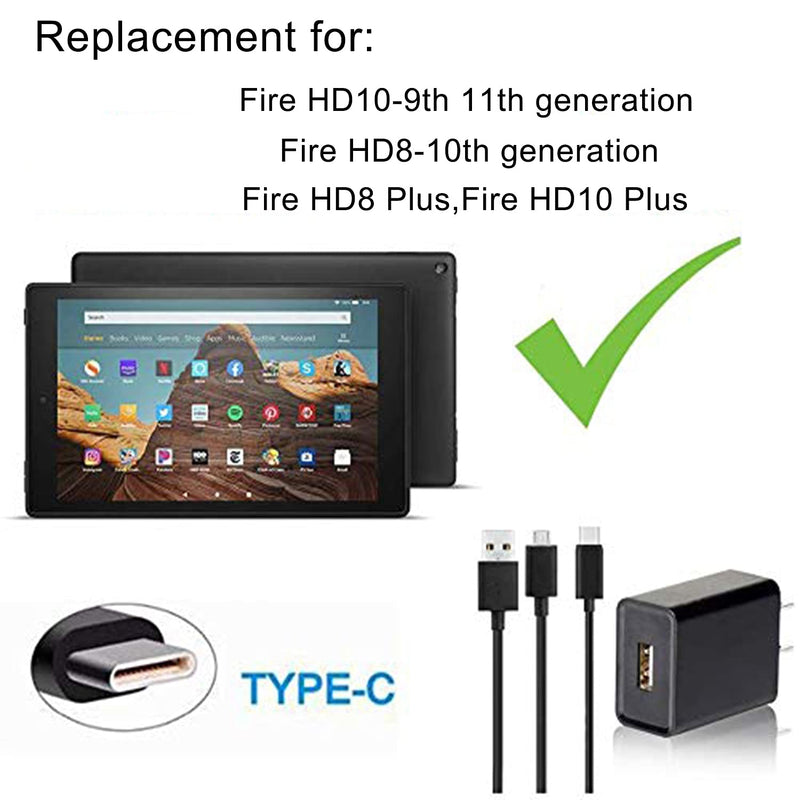  [AUSTRALIA] - Kindle Fire Fast Charger, (UL Listed) AC Adapter Rapid Charger with 6.5 Ft Micro USB and USB C Cable Compatible for Fire 6 7 8 HD 8Plus HD10 10Plus Tablet, HDX 6" 7" 8.9" 9.7", Tab Power Supply Cord