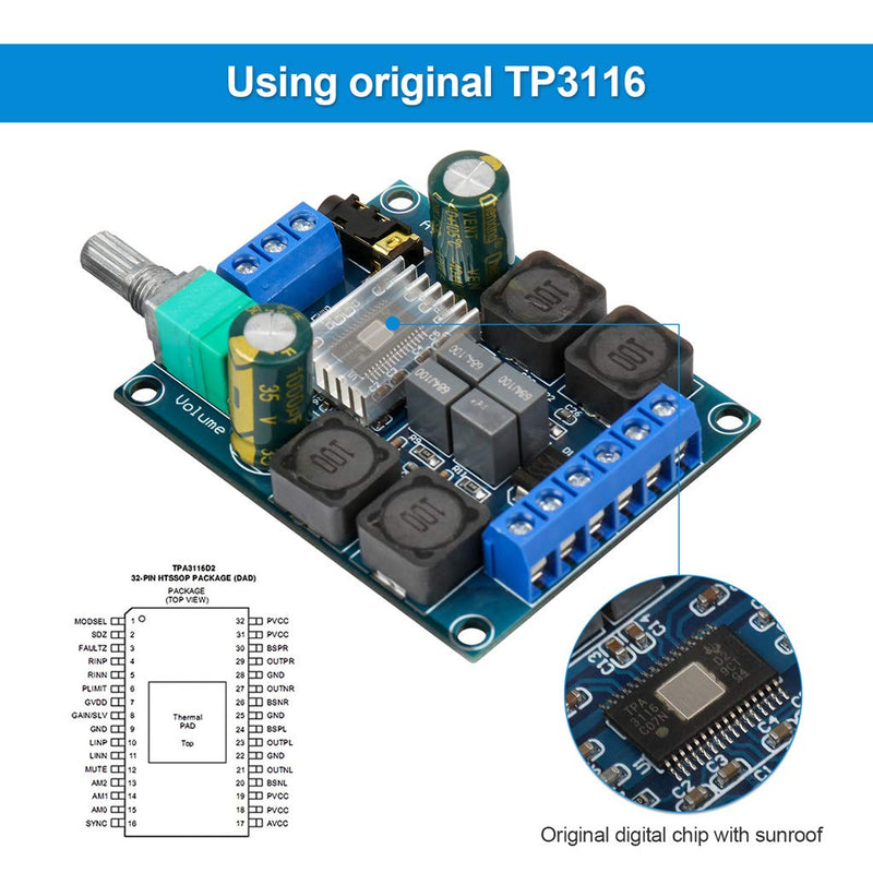  [AUSTRALIA] - 2Pcs Digital Amplifier Board,TPA3116D2 Dual Channel Audio Stereo AMP High Power Digital Subwoofer Power Amplifier Board 2x50W 5V 12V 24V for Store Solicitation Home Theater Square DIY Speakers