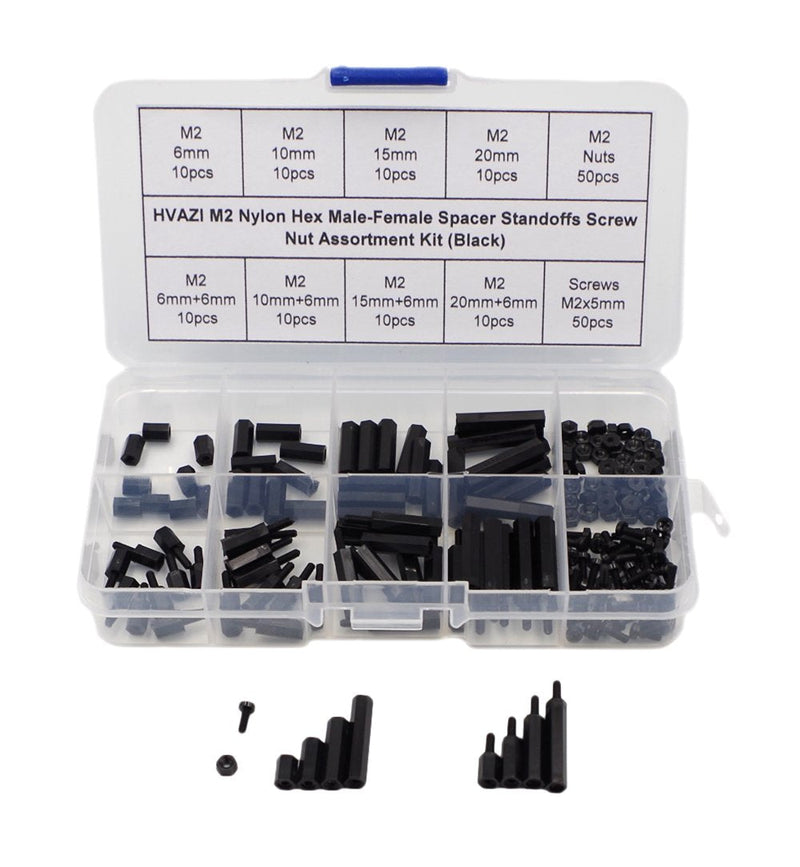  [AUSTRALIA] - HVAZI M2 Nylon Hex Male-Female Spacer Standoffs Screw Nut Assortment Kit (Black) 180PCS/M2 Black