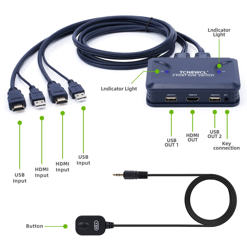  [AUSTRALIA] - KVM Switch 2 Ports, HDMI USB Switches Box for 2 Computers Share Mouse Keyboard Printer and One HD Monitor, Supports 4K@30Hz with Wired Remote Blue