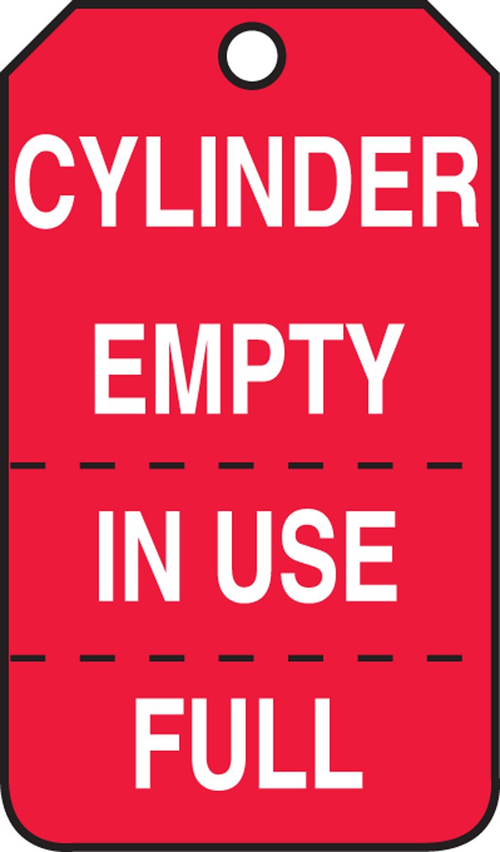  [AUSTRALIA] - Accuform MGT206PTP Cylinder Status Tag, Legend"Cylinder Empty/in USE/Full" (Perforated), 5.75" Length x 3.25" Width x 0.015" Thickness, RP-Plastic, White on Red (Pack of 25)