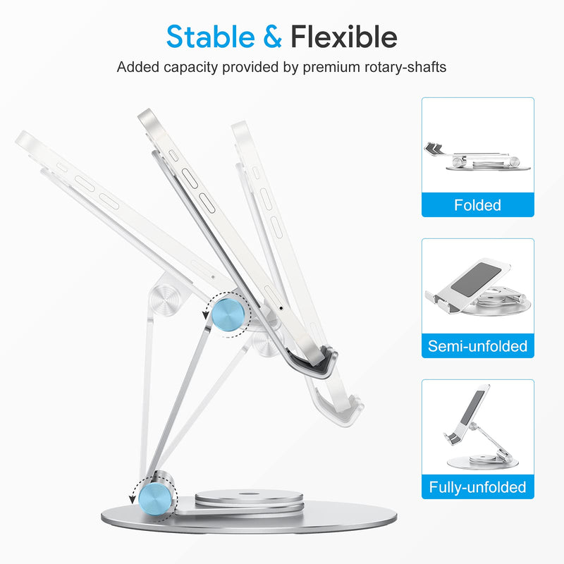  [AUSTRALIA] - Swivel Tablet Stand Holder, Adjustable OMOTON T6 Rotating iPad Stand, Portable Foldable Aluminum Stand for Desk Compatible with iPad Air/Mini, iPad Pro 11/12.9, iPhone，Silver Silver