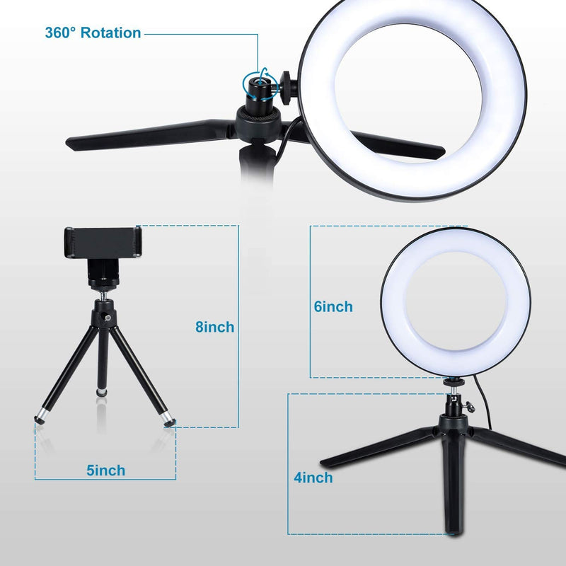  [AUSTRALIA] - LED Ring Light 6" with Tripod Stand for YouTube Video and Makeup, Mini LED Camera Light with Cell Phone Holder Desktop LED Lamp with 3 Light Modes & 11 Brightness Level (6")