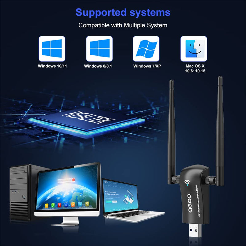  [AUSTRALIA] - Wireless USB WiFi Adapter for PC, QGOO WiFi Adapter USB 3.0 AC1200 High Gain Dual 5dBi Antennas 802.11ac/a/b/g/n Dual Band 2.4GHz/300Mbps 5GHz/867Mbps for Windows 11/10/8.1/8/7 Mac OS 10.9-10.15 Black-01200