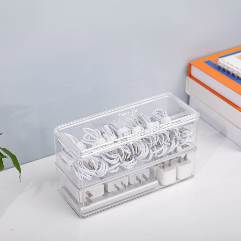  [AUSTRALIA] - Yesesion Plastic Electronics Organizer with Lid and 20 Wire Ties, Large Cable Management Box, Clear Power Cord Cases, Stackable Desk Drawer Accessories Storage for Office, Stationery Supply (2 Pack) Type H-2 PACK