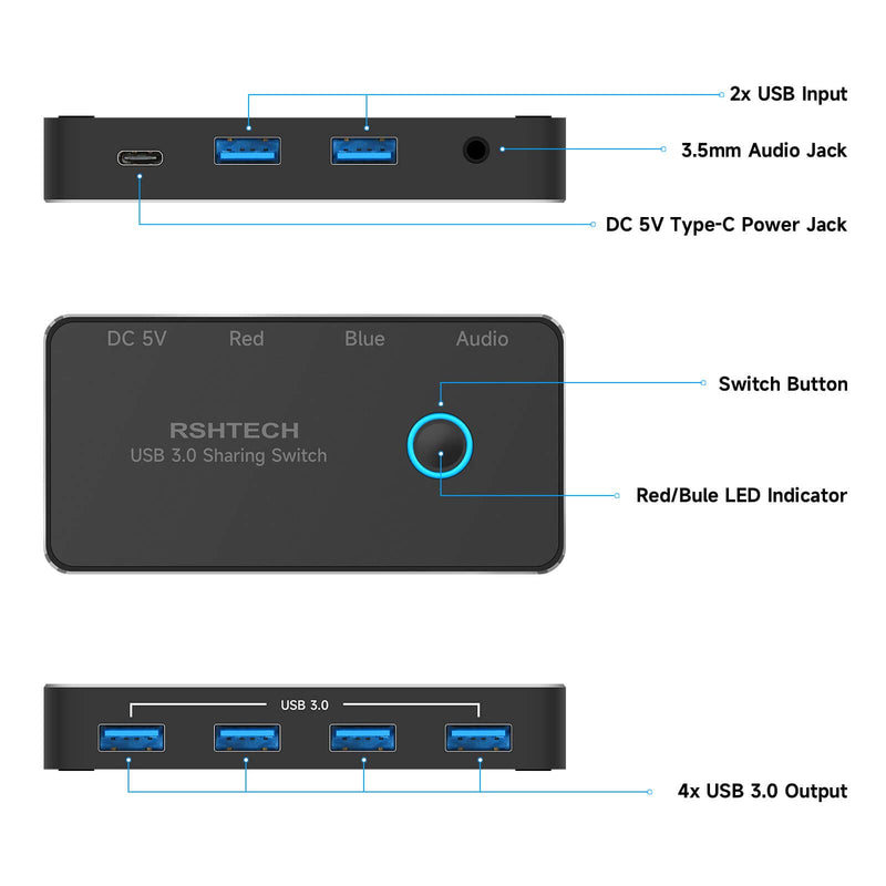  [AUSTRALIA] - USB 3.0 Switch RSHTECH Aluminum USB Switch Selector with 4 USB 3.0 Ports, 3.5mm Audio Jack, 2 Computers Sharing 5 Peripheral Devices, USB KM Switcher hub with 2 USB Cable for Keyboard, Mouse, Printer 2 IN 5 Out