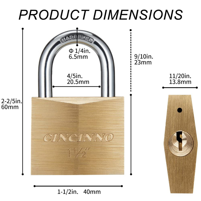  [AUSTRALIA] - CINCINNO Solid Brass Locks with Keys 4 Pack, Pad Lock with Wide Lock Body 1-9/16 in. (40 mm), Keyed Alike Padlocks for Sheds, Storage Unit School Gym Locker, Fence, Toolbox, Hasp Storage 40mm 4pack