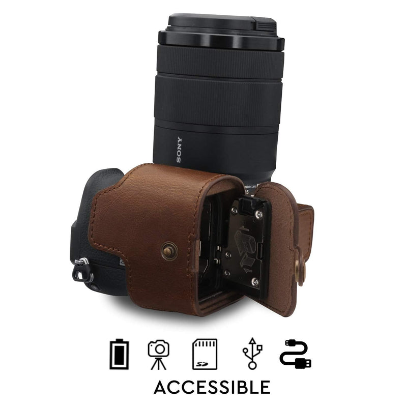  [AUSTRALIA] - MegaGear Ever Ready Leather Camera Half Case Compatible with Sony Alpha A6600 Dark Brown