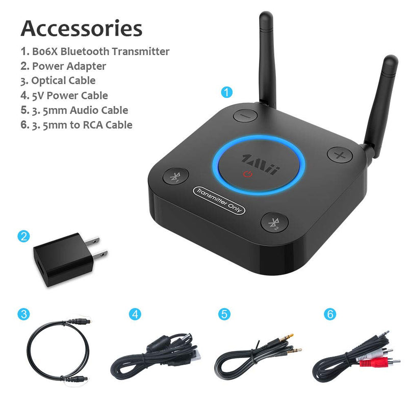  [AUSTRALIA] - 1Mii B06TX Bluetooth 5.0 Transmitter for TV to Wireless Headphone/Speaker, Bluetooth Adapter for TV w/Volume Control, AUX/RCA/Optical/Coaxial Audio Input, Plug n Play, AptX Low Latency Black