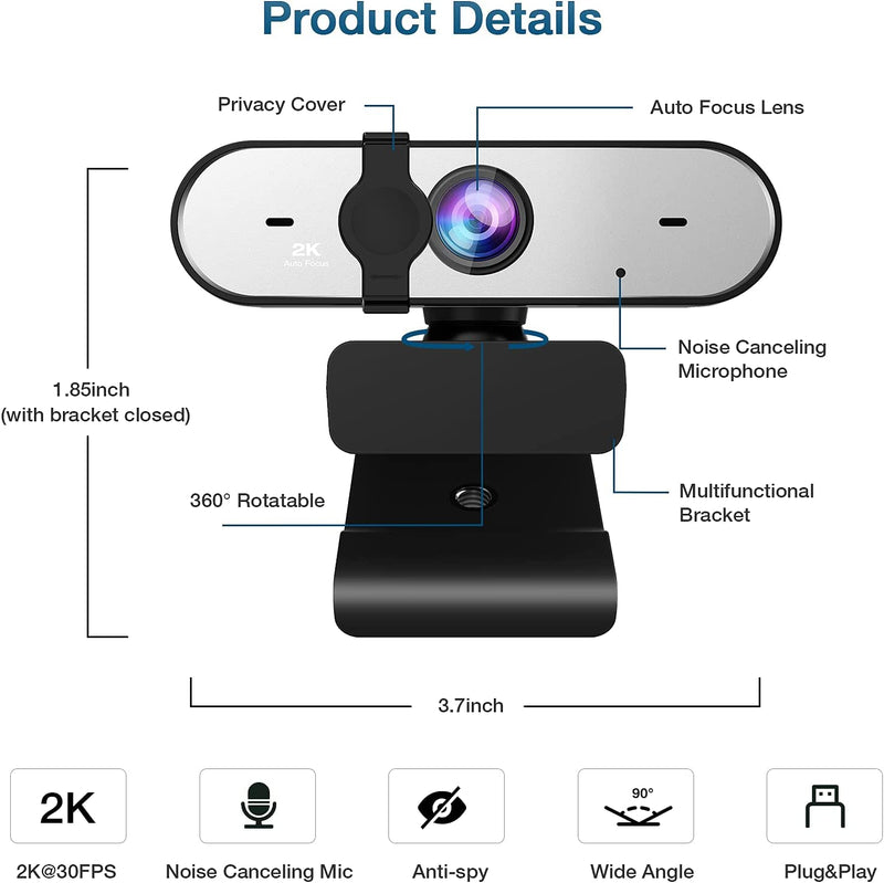  [AUSTRALIA] - Webcam with Microphone Camera for Computer,0.1 Second Auto-Focus,2K Full HD Webcams,Dual Microphone & Cover Web Camera,for YouTube/OBS/Facebook/Gaming/Zoom/Skype/FaceTime/Teams/Twitch/Etc