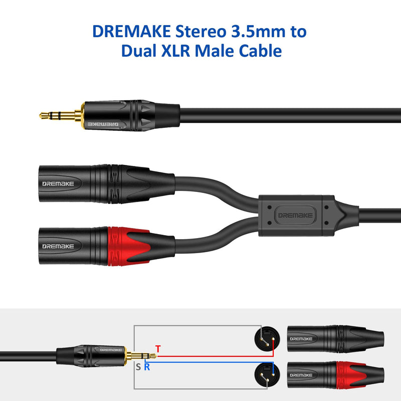  [AUSTRALIA] - DREMAKE TRS 3.5mm 1/8'' Male to Dual XLR 3-Pin Male Audio Breakout Cable, 6FT 3.5mm 1/8 Inch to Dual XLR Male Adapter Interconnect Y Splitter Cable, Jack 3.5mm TRS Stereo to Double XLR Male Patch Cord 6FT/2.0M