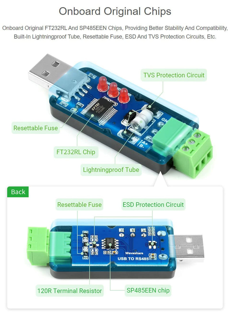  [AUSTRALIA] - Waveshare Industrial USB to RS485 Converter with Original FT232RL and SP485EEN Embedded Protection Circuits for Industrial Control Equipments and/or Applications-2PCS 2PCS USB TO RS485