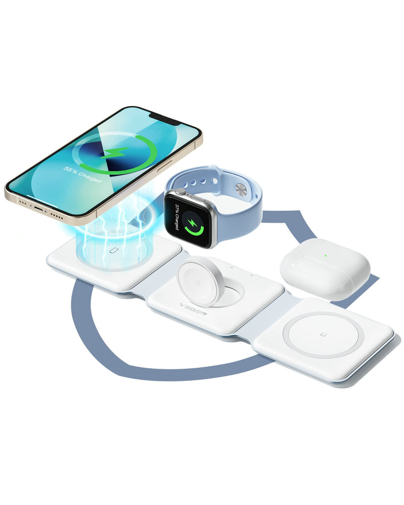  [AUSTRALIA] - 3 in 1 Wireless Charging Station, VEGER Travel Charger for Multiple Devices, Fast Wireless Charging Pad for iPhone 14/13/12/11/X/Xr/Xs/8 Series, AirPods, Apple Watch 7/6/5/4/3, Qi Phones Earbuds More White