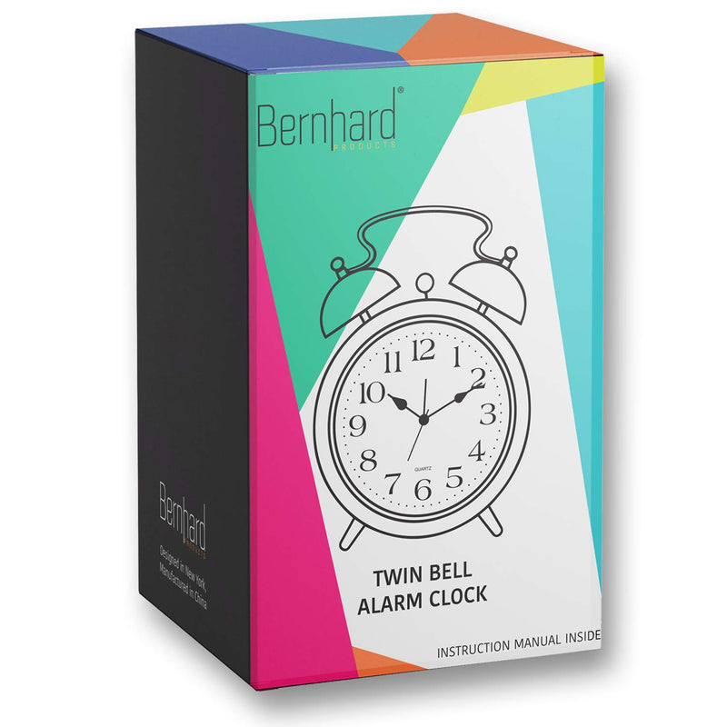  [AUSTRALIA] - Bernhard Products Analog Alarm Clock 4" Twin Bell Black Silent Non-Ticking Quartz Battery Operated Extra Loud with Backlight for Bedside Desk, Retro (Classic Black)