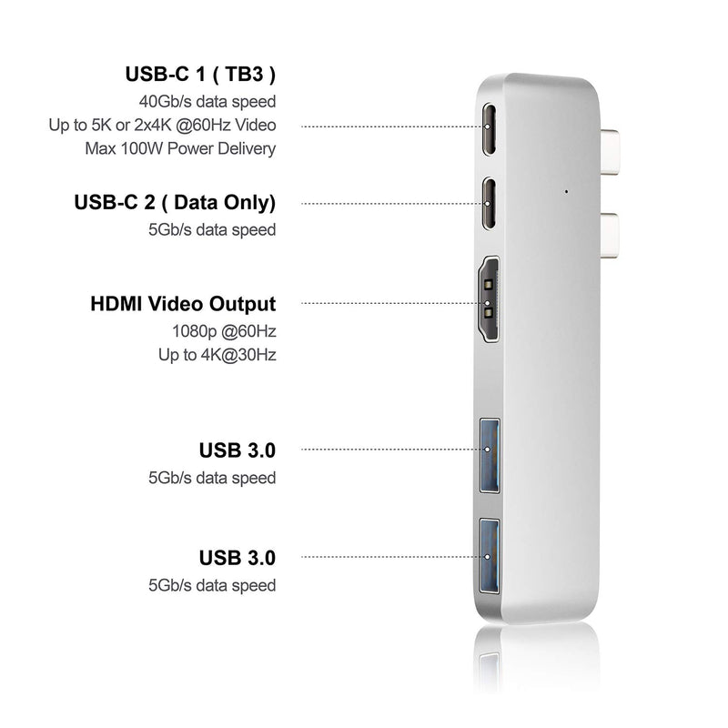 Purgo Mini USB C Hub Adapter Dongle for MacBook Air M1 2021-2018 and MacBook Pro M1 2021-2016, MacBook Pro USB Adapter with 4K HDMI, 100W PD, 40Gbps TB3 5K@60Hz, USB-C and 2 USB 3.0 (Silver) Silver - LeoForward Australia