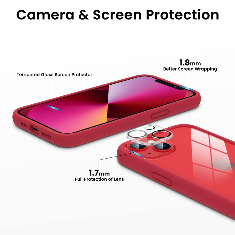  [AUSTRALIA] - ORNARTO [5 in 1] for iPhone 13 Case Clear, with 2 Pack Screen Protector and Camera Lens Protector, Liquid Silicone Bumper Case [Non Yellowing] Shockproof Protective Phone Case 6.1 inch-Red Red