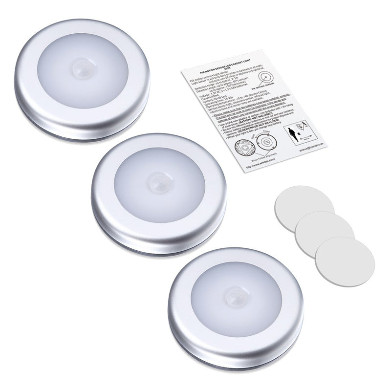 AMIR Upgraded Motion Sensor Light, Cordless Battery-Powered LED Night Light, Closet Lights Stair Lights, Puck Lights, Safe Lights for Hallway, Bathroom, Bedroom, Kitchen (Warm White - Pack of 3) Silver - Warm White - LeoForward Australia