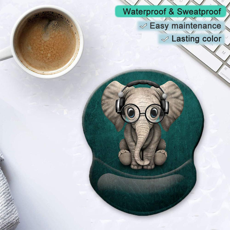 ITNRSIIET Ergonomic Mouse Pad with Gel Wrist Rest Support, Personalized Cute Green Pattern Headset Music Elephant, Pain Relief Comfort Wrist Rest Pad with Non-Slip PU Base for Home, Office - LeoForward Australia