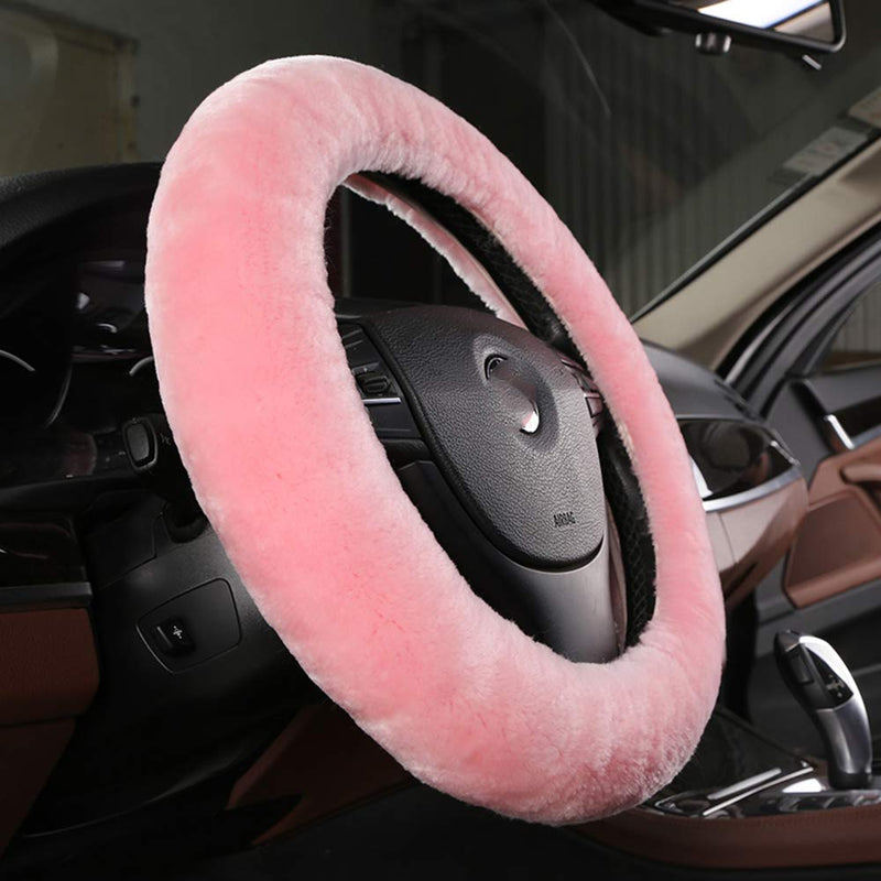  [AUSTRALIA] - Dotesy Pure Wool Auto Steering Wheel Cover Genuine Sheepskin Great Grip Anti-Slip Car Steering Wheel Cushion Protector Universal 15 inch for Car,Truck,SUV,etc. (Pink) pink