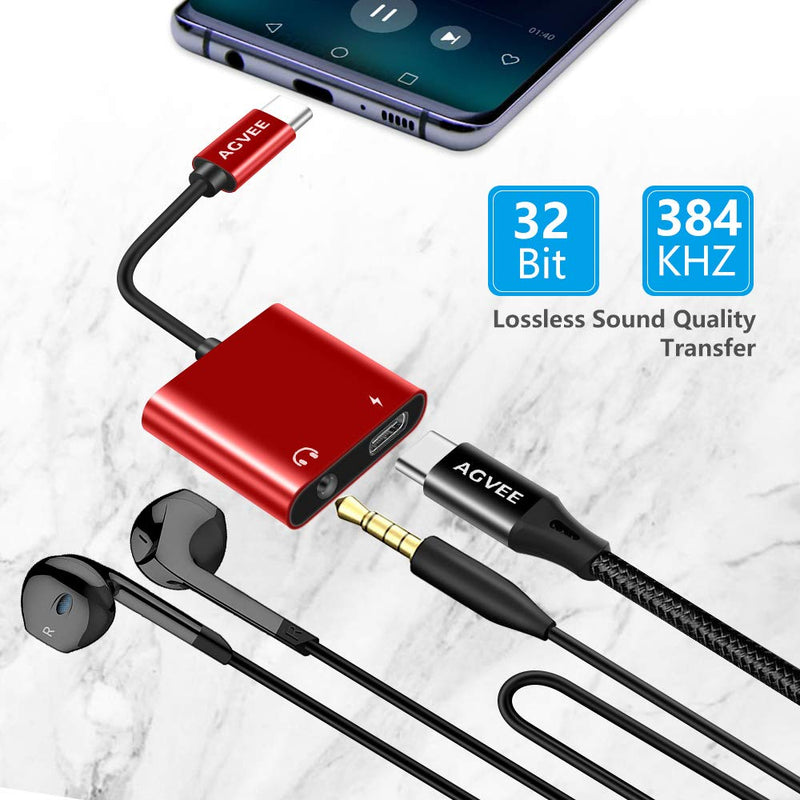  [AUSTRALIA] - AGVEE 2-in-1 USB-C to 3.5mm Microphone Headphone Adapter, Type-C Mic AUX Earbud Splitter, USBC Audio Earphone Converter, PD 27W Charger Dongle for Samsung S21 S20 Note 20/10, iPad Pro, Pixel, Red