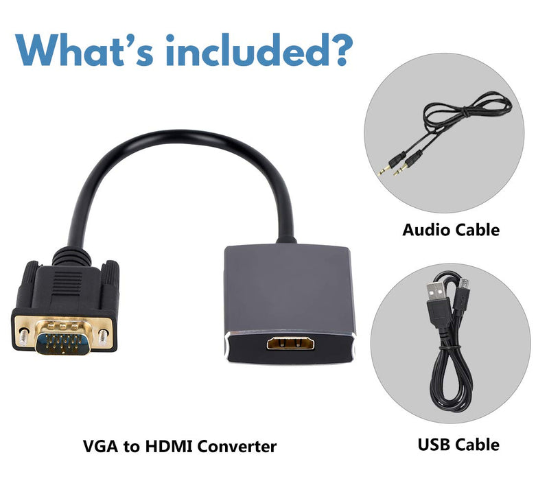  [AUSTRALIA] - VGA to HDMI Adapter, VGA to HDMI Converter (Male to Female) for Computer, Desktop, Laptop, PC, Monitor, Projector, HDTV with Audio Cable and USB Cable (Aluminum Alloy，Grey) Grey