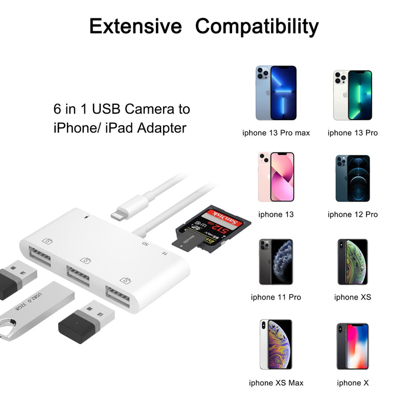  [AUSTRALIA] - 6 in 1 USB Camera to iPhone/ iPad Adapter with SD & TF Card Reader, Compatible with iPhone/iPad to USB Adapter with Charging Port, for iPhone/iPad/iPod and More USB Devices, Support iOS 15 and Before