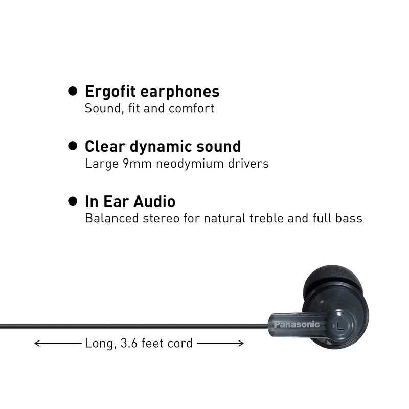  [AUSTRALIA] - Panasonic ErgoFit In-Ear Earbud Headphones RP-HJE120K Dynamic Crystal-Clear Sound, Ergonomic Comfort-Fit, 9mm, Black, PACK, No Mic
