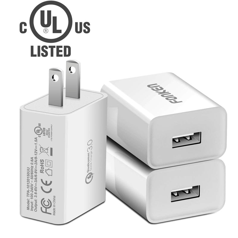  [AUSTRALIA] - [3-Pack] Quick Charge 3.0, FONKEN 18W 3Amp USB Wall Charger Adapter Fast Charger Plug Compatible with Samsung Galaxy S7 S6, Note 5/4, LG G5 V10, Nexus 6,HTC10 (White) White