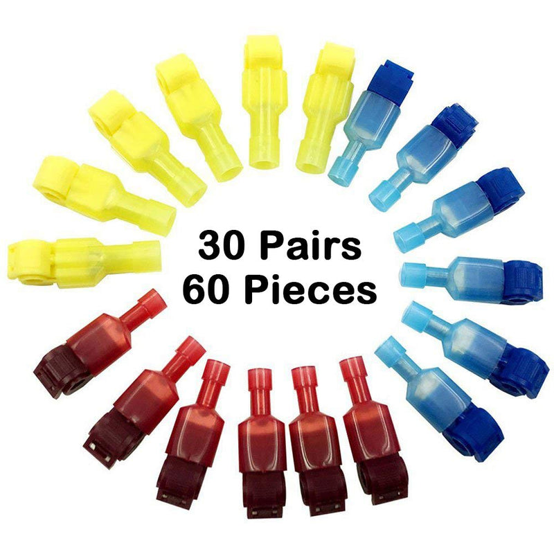  [AUSTRALIA] - Bestgle 60 Pcs/30 Pairs Self-Stripping Electrical T-Tap Wire Spade Connectors Set Quick Splice Wire Terminals and Fully Insulated Male Butt Terminal Crimp Assortment Kits (Yellow, Red and Blue)