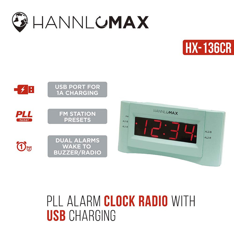 HANNLOMAX HX-136CR Alarm Clock Radio, PLL FM Radio, Dual Alarm. 0.9 inches Red LED Display, USB Port for 1A Charging (Green) - LeoForward Australia