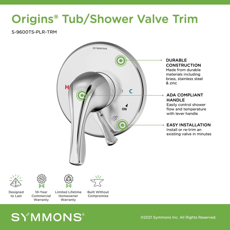  [AUSTRALIA] - Symmons S-9600TS-PLR-TRM Origins Tub/Shower Valve Trim (Valve Not Included) Polished Chrome