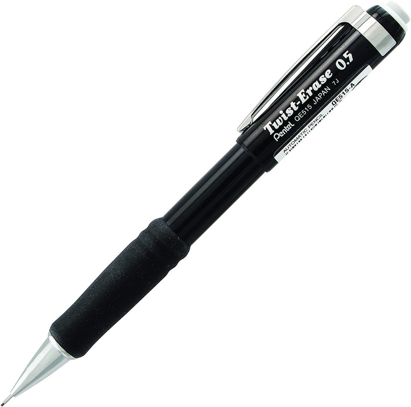  [AUSTRALIA] - Pentel Mechanical Pencil 0.5 mm Twist Erase III - Twist Up Eraser - Pre-Loaded with Pentel Super Hi-Polymer HB Lead - Black Barrel - 3-Pack - Fine Point