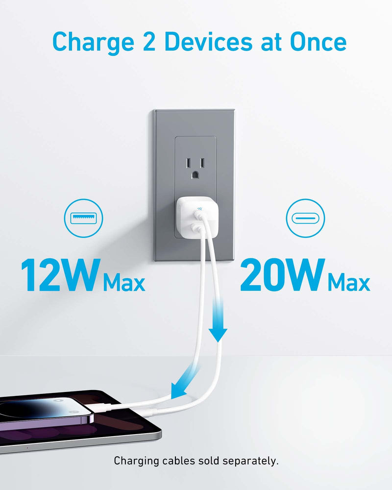  [AUSTRALIA] - Anker USB C Charger, 323 Charger (33W), 2 Port Compact Charger with Foldable Plug for iPhone 14/14 Plus/14 Pro/14 Pro Max/13/12, Pixel, Galaxy, iPad/iPad Mini and More (Cable Not Included) - White