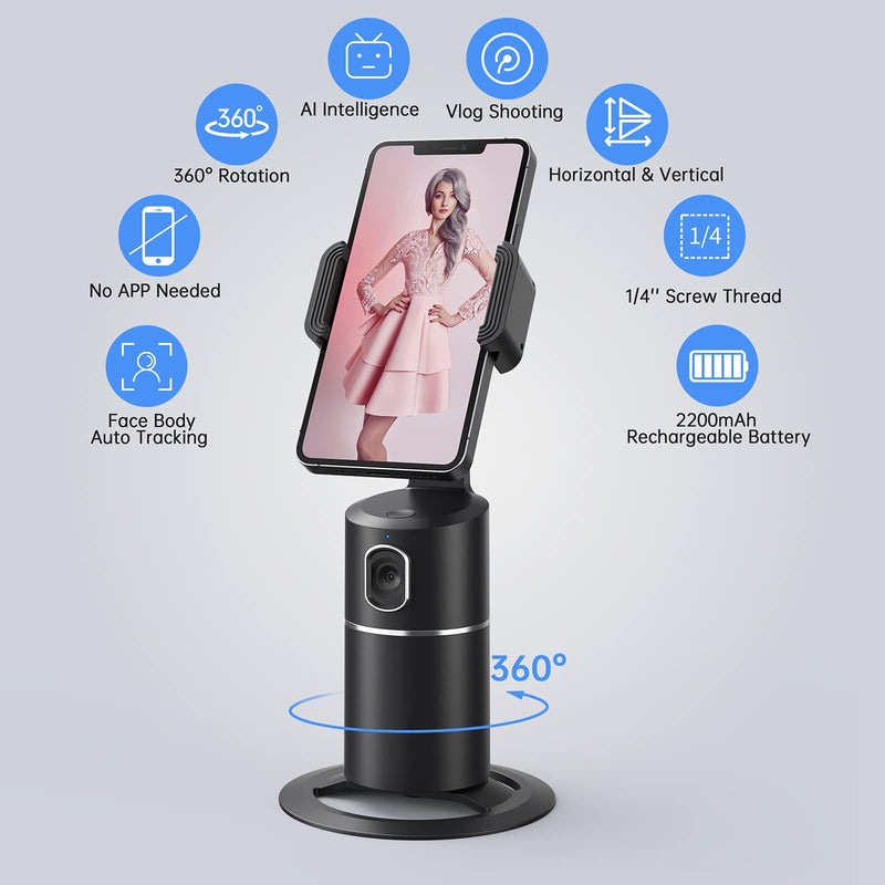  [AUSTRALIA] - Auto Face Tracking Tripod, No App Required, 360° Rotation Face Body Phone Camera Mount Smart Shooting Phone Tracking Holder for Live Vlog Streaming Video, Rechargeable Battery-Black Black