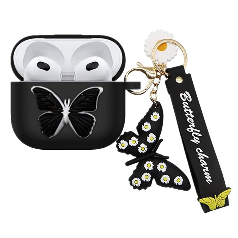  [AUSTRALIA] - YQG Compatible with Airpods 3rd Gen 2021 Case Cover, Cute 3D Butterfly Fashion Cartoon Liquid Silicone Kids Teens Cases with Fun Cool Keychain for Apple Airpods 3rd Generation Charging Case (Black) Black