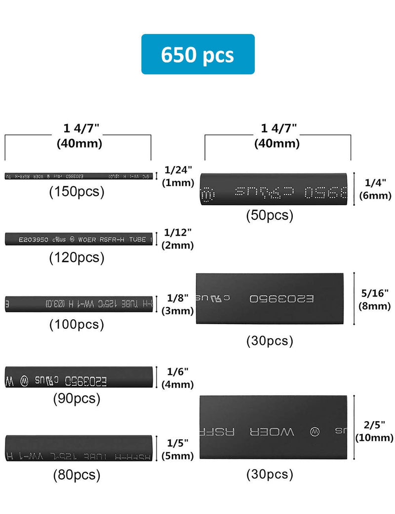  [AUSTRALIA] - 650pcs Heat Shrink Tubing Black innhom Heat Shrink Tube Wire Shrink Wrap UL Approved Ratio 2:1 Electrical Cable Wire Kit Set Long Lasting Insulation Protection, Safe and Easy, Eco-Friendly Material