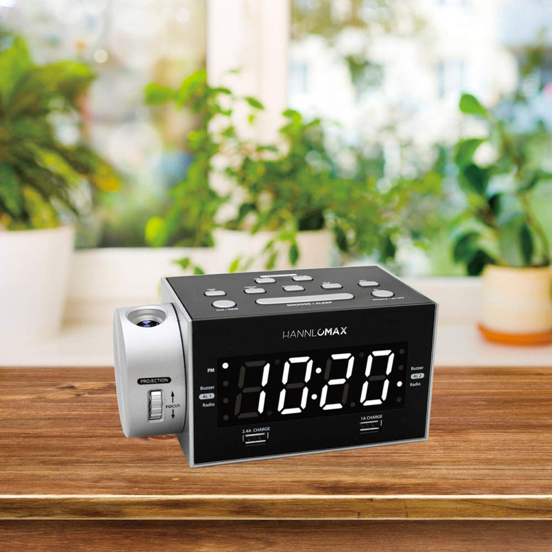 HANNLOMAX HX-135CR Alarm Clock Radio with Projection, PLL FM Radio, Dual Alarm, USB Ports for 2.4A and 1A Charging, White LED Display - LeoForward Australia