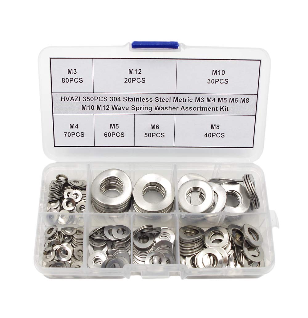  [AUSTRALIA] - HVAZI 350PCS Metric M3 M4 M5 M6 M8 M10 M12 304 Stainless Steel Wave Spring Washer Assortment Kit